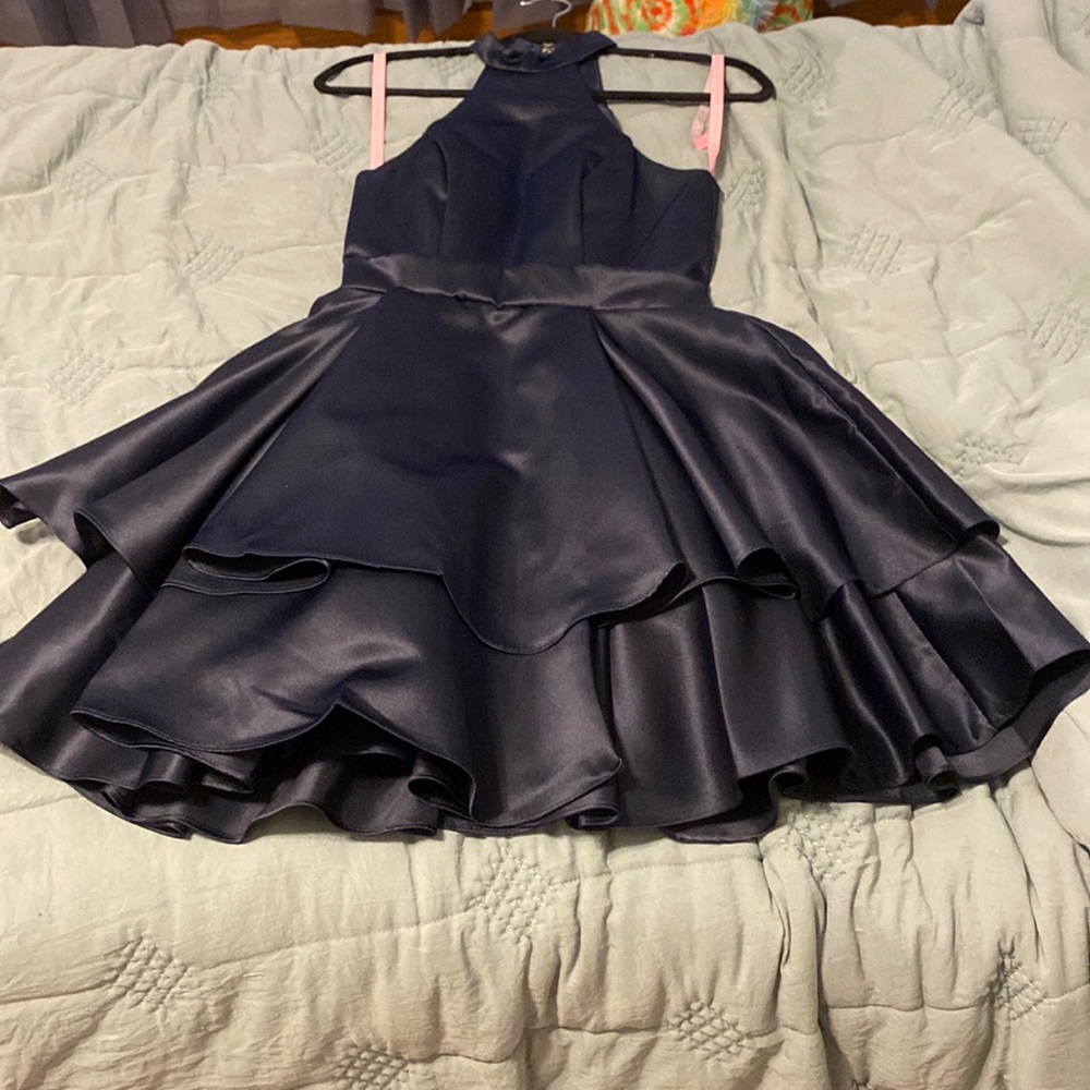 Blush prom brand semi formal dress, halter neck, deep blue, two tiered ruffles.